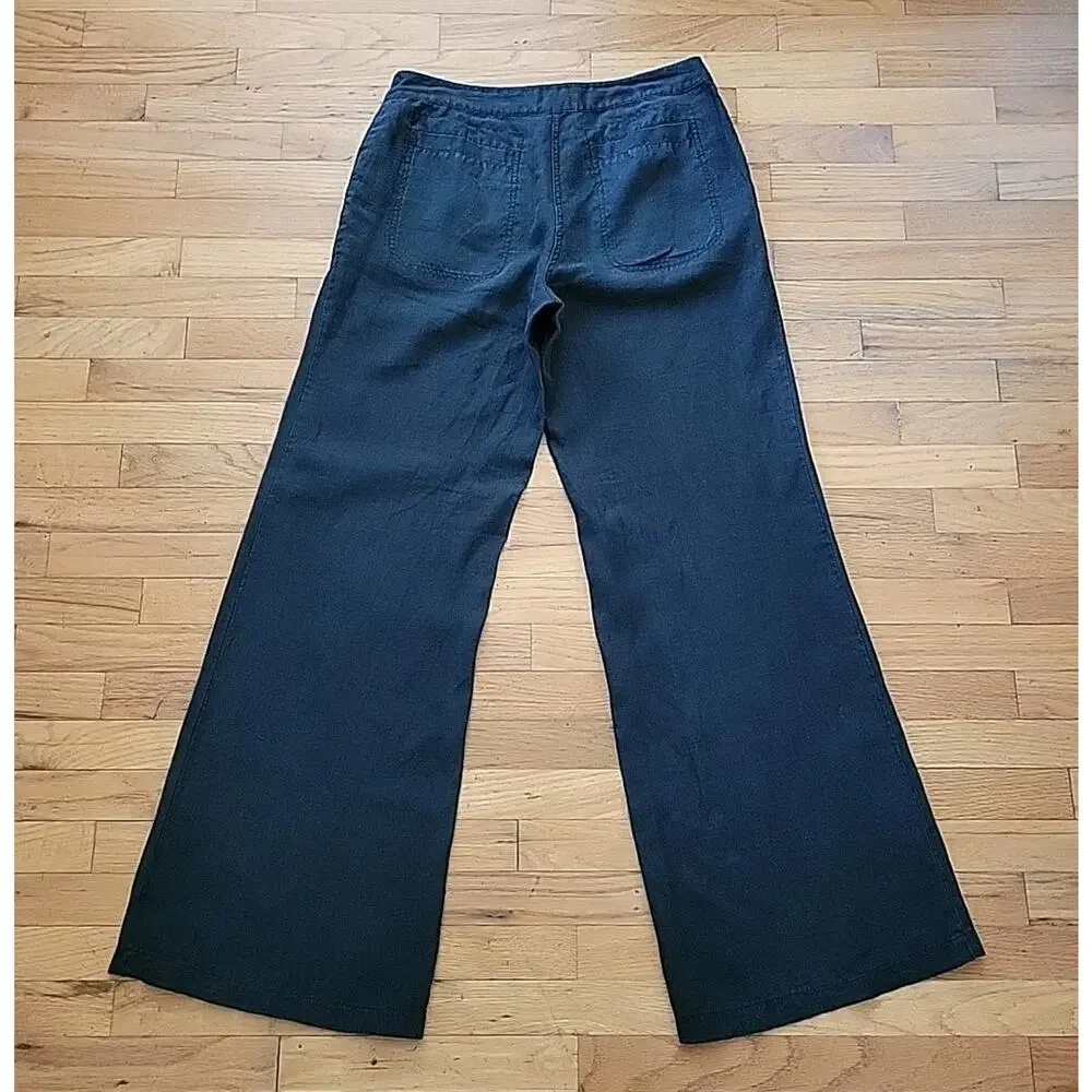 H‎ M Hennes Black Linen Wide Leg Pants Mid Rise Unlined Boho Classic Lagenlook
